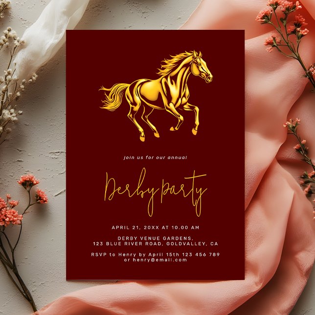 Elegant Gold Maroon Race Horse Derby Party  Invitation (Creator Uploaded)