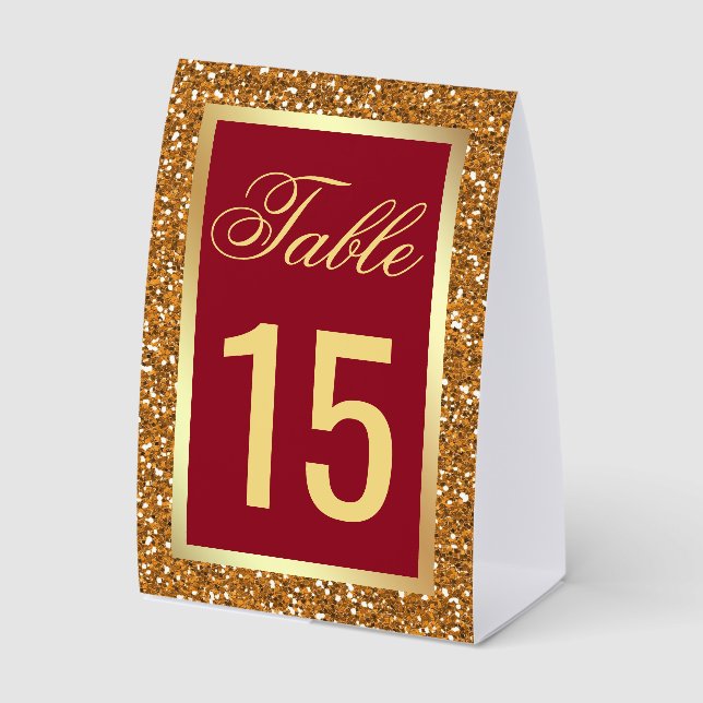 Elegant Gold Maroon Red Wedding Table Number Paper Table Tent (Front)