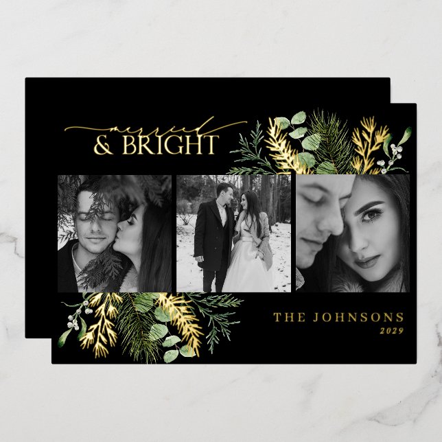 Elegant Gold Married & Bright Black & White Photo Foil Holiday Card (Front/Back)