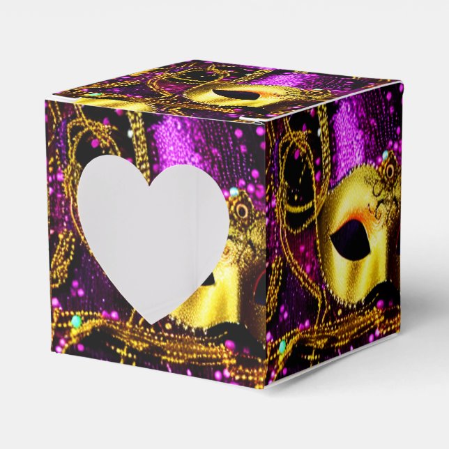 Elegant Gold Mask Heart Favor Boxes (Front Side)