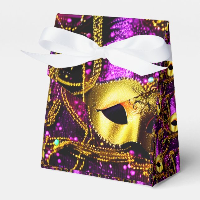 Elegant Gold Mask Tent Favor Boxes (Front Side)