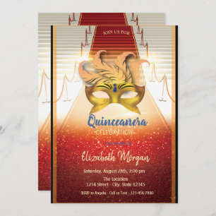 Elegant Gold Masque, Red Carpet Quinceanera Invitation