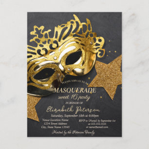 Elegant Gold Masque Stars Sweet 16 Invitation Postcard