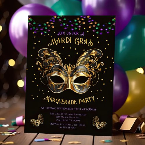 Elegant gold masquerade mask Mardi Gras party Invitation