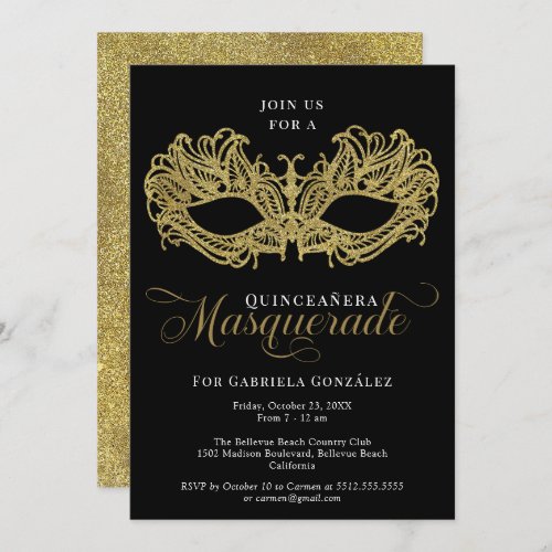 Elegant Gold Masquerade Mask Quinceanera Invitation
