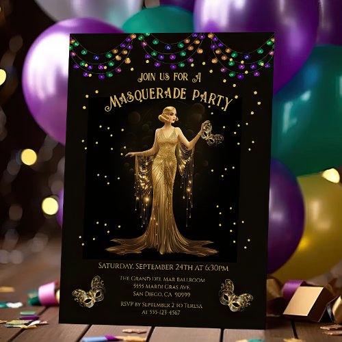 Elegant gold masquerade party invitation