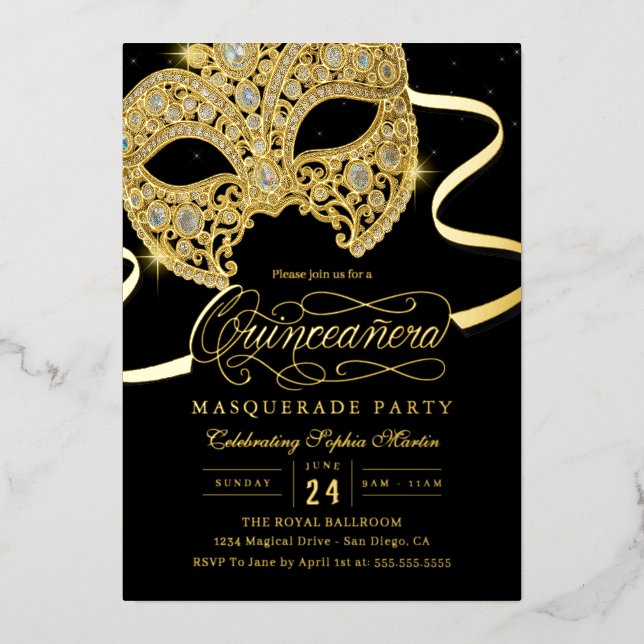 Elegant Gold Masquerade Quinceanera Invitation Foil Invitation (Front)