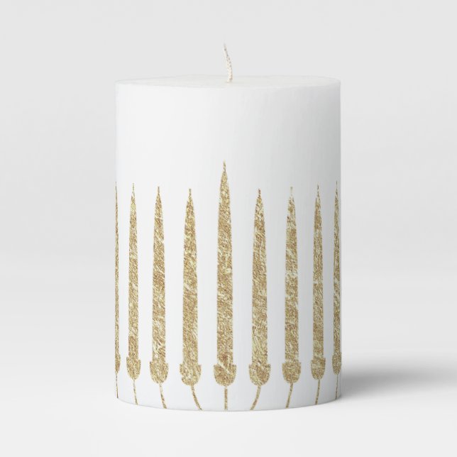 Elegant Gold Menorah Flying Doves Hanukkah Pillar Candle (Front)