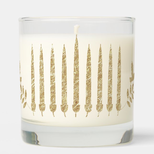 Elegant Gold Menorah Flying Doves Hanukkah Scented Candle (Front)