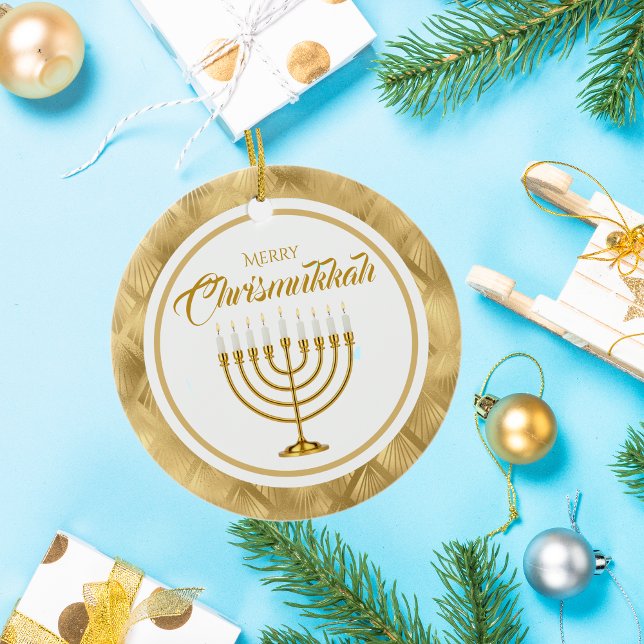 Elegant Gold Menorah Hanukkah Merry Chrismukkah Ceramic Ornament (Creator Uploaded)