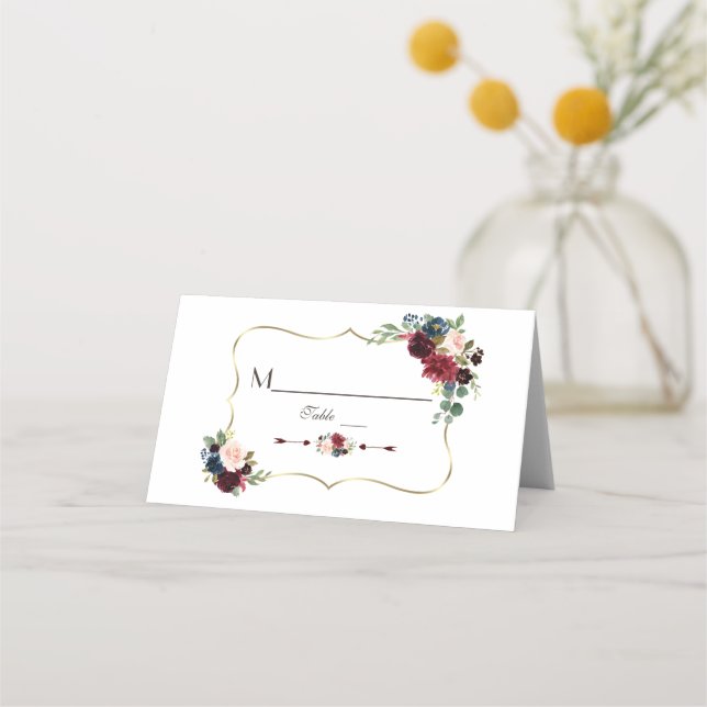 Elegant Gold Merlot Navy Blue Floral Table Number Place Card (Front)