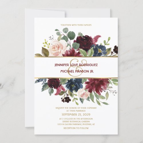 Elegant Gold Merlot Navy Floral Bouquet Wedding Invitation