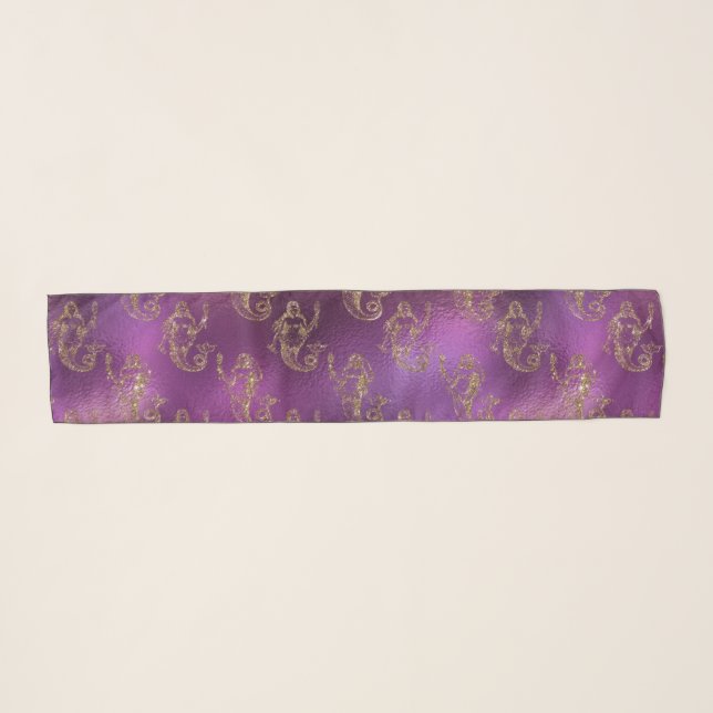 Elegant Gold Mermaid Pattern Purple Metallic Shiny Scarf (Front (Horizontal))