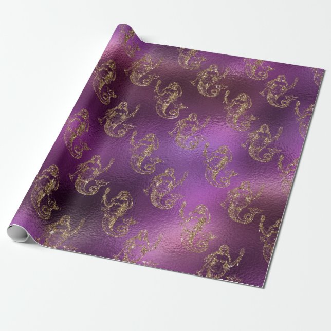 Elegant Gold Mermaid Pattern Purple Metallic Shiny Wrapping Paper (Unrolled)
