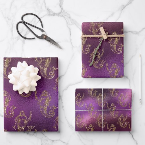 Elegant Gold Mermaid Pattern Purple Metallic Shiny Wrapping Paper Sheets