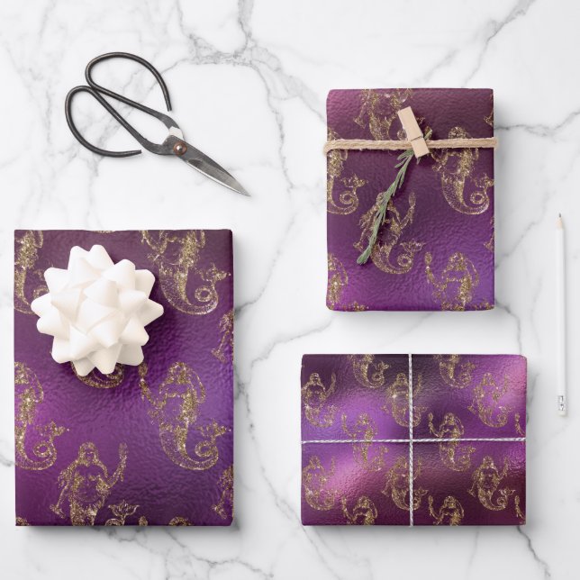 Elegant Gold Mermaid Pattern Purple Metallic Shiny Wrapping Paper Sheets (Front)
