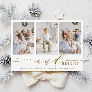 Elegant Gold Merry and Bright 3 Photo Holiday Card