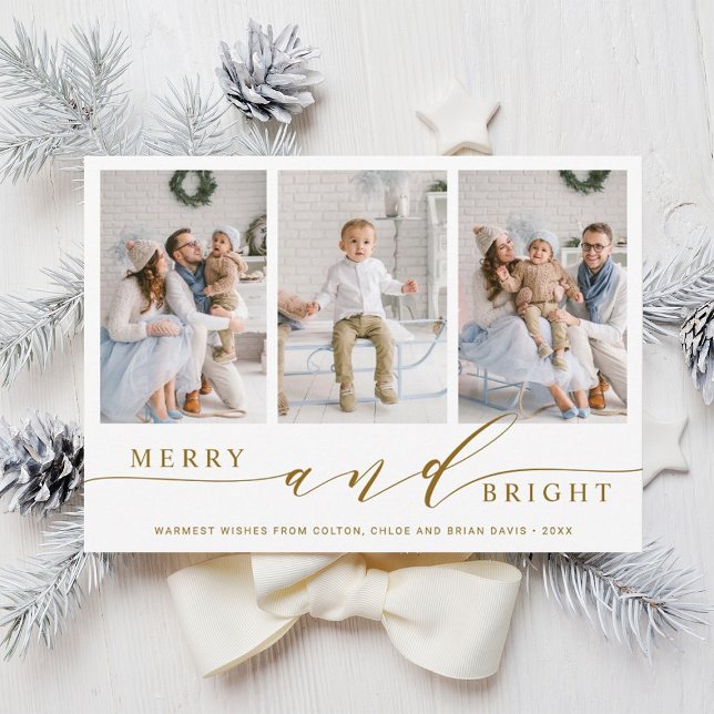 Elegant Gold Merry and Bright 3 Photo Holiday Card (Creator Uploaded)