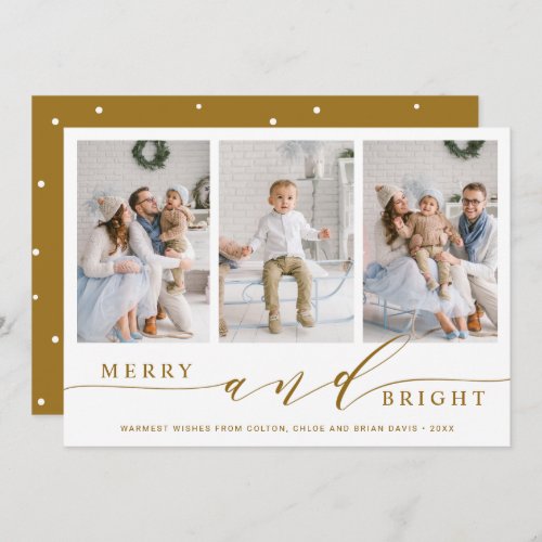 Elegant Gold Merry and Bright 3 Photo Holiday Card