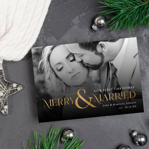 Elegant Gold Merry and Married Photo Holiday Card