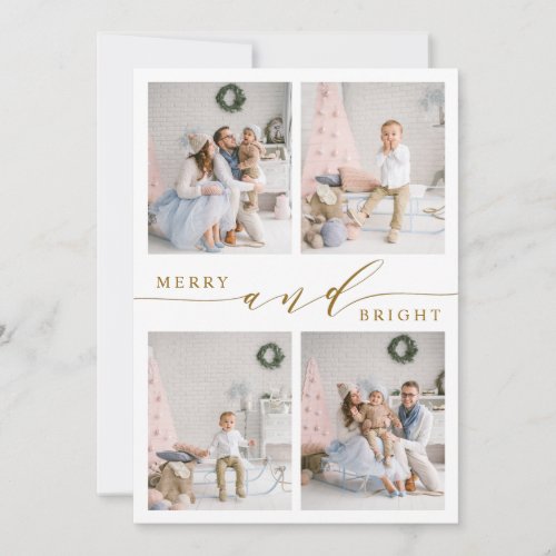 Elegant Gold Merry  Bright 4 Photo Collage Holiday Card