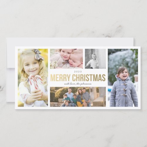 Elegant Gold Merry Christmas 5 Collage Photocard Holiday Card