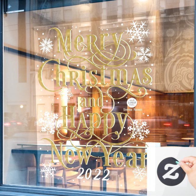 Elegant Gold Merry Christmas and Happy New Year  Window Cling (Cafe Window)
