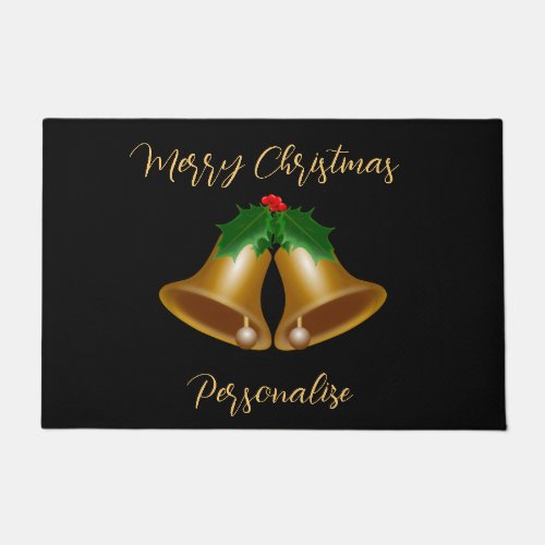 Elegant Gold Merry Christmas Bells Personalized Doormat