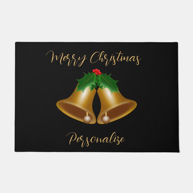 Elegant Gold Merry Christmas Bells Personalized Doormat (Front)