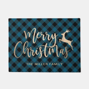 Elegant Gold Merry Christmas Black & Blue Plaid Doormat