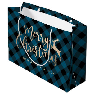 Elegant Gold Merry Christmas Black & Blue Plaid Large Gift Bag