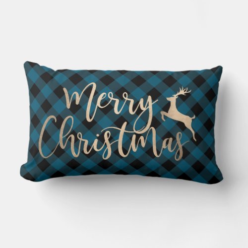 Elegant Gold Merry Christmas Black  Blue Plaid Lumbar Pillow