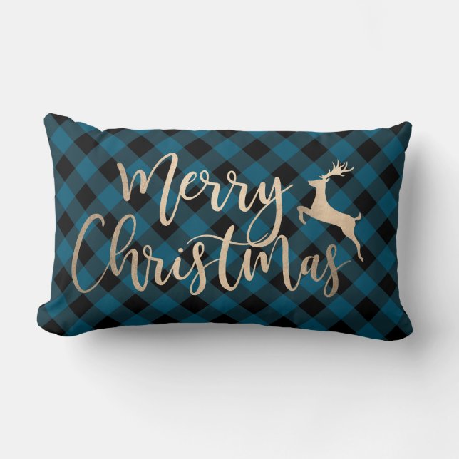 Elegant Gold Merry Christmas Black & Blue Plaid Lumbar Pillow (Front)