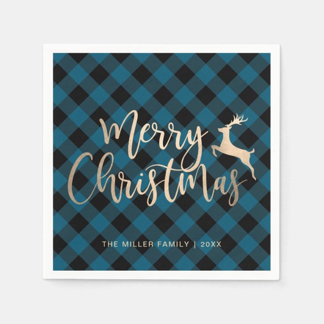 Elegant Gold Merry Christmas Black & Blue Plaid Napkins (Front)