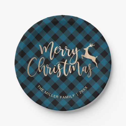 Elegant Gold Merry Christmas Black  Blue Plaid Paper Plates