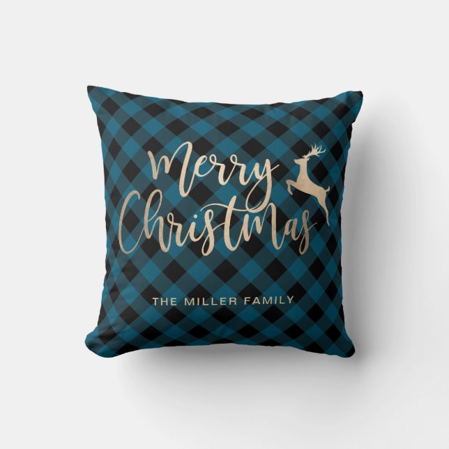 Elegant Gold Merry Christmas Black & Blue Plaid Throw Pillow (Front)