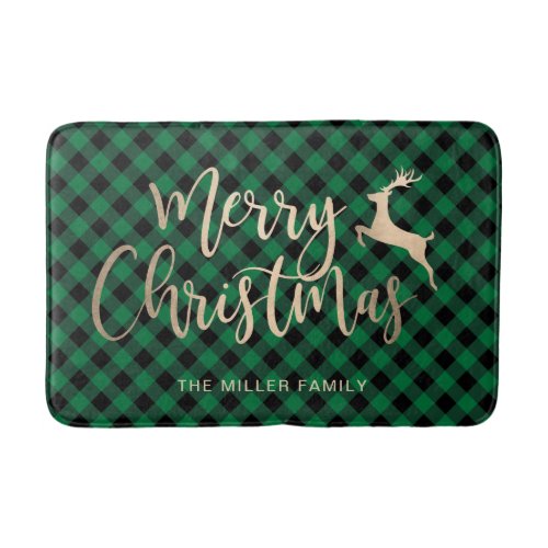 Elegant Gold Merry Christmas Black  Green Plaid Bath Mat