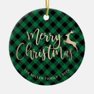 Elegant Gold Merry Christmas Black & Green Plaid Ceramic Ornament