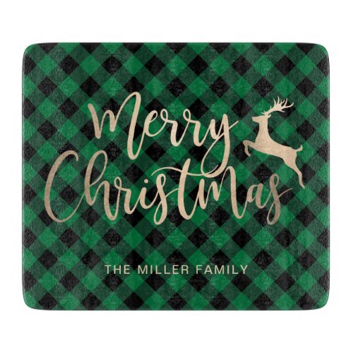 Elegant Gold Merry Christmas Black  Green Plaid Cutting Board