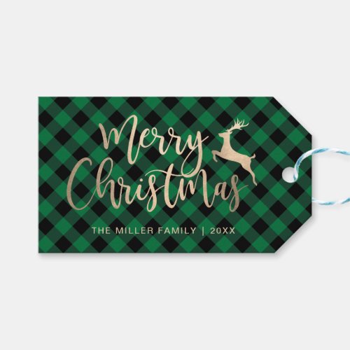 Elegant Gold Merry Christmas Black  Green Plaid Gift Tags