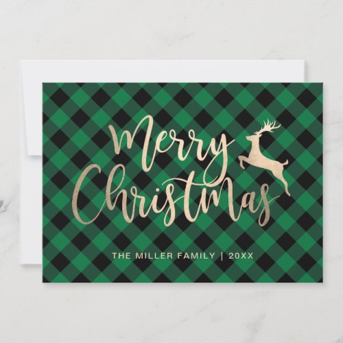 Elegant Gold Merry Christmas Black  Green Plaid Holiday Card