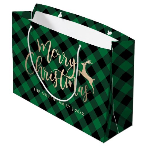 Elegant Gold Merry Christmas Black  Green Plaid Large Gift Bag