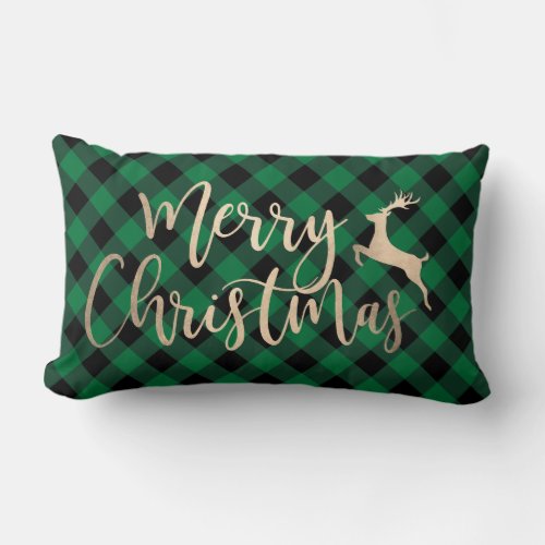 Elegant Gold Merry Christmas Black  Green Plaid Lumbar Pillow