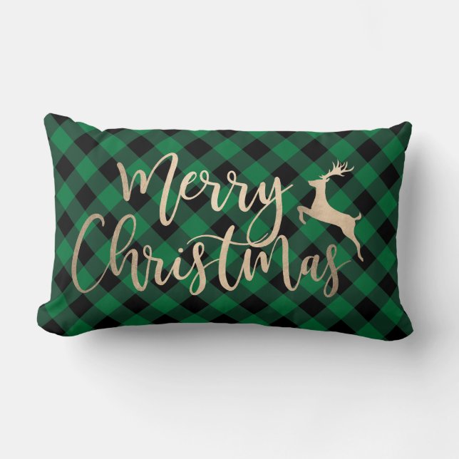 Elegant Gold Merry Christmas Black & Green Plaid Lumbar Pillow (Front)