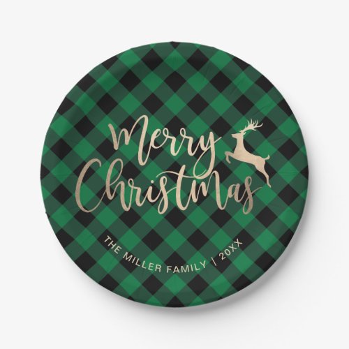 Elegant Gold Merry Christmas Black  Green Plaid Paper Plates