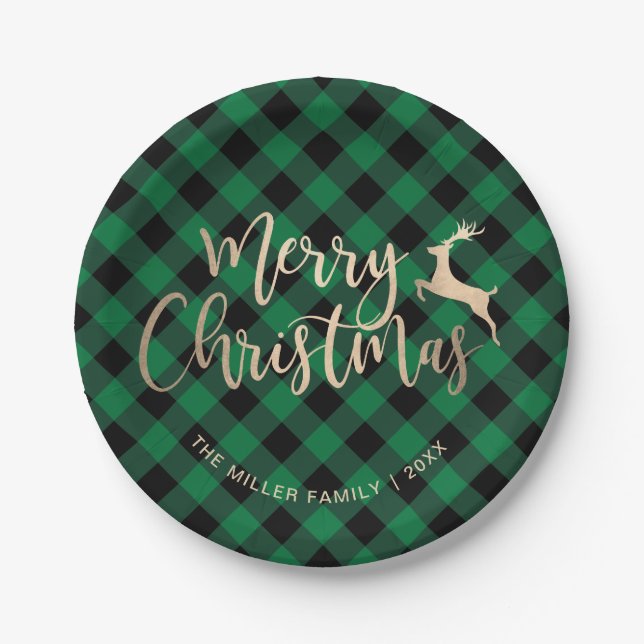 Elegant Gold Merry Christmas Black & Green Plaid Paper Plates (Front)