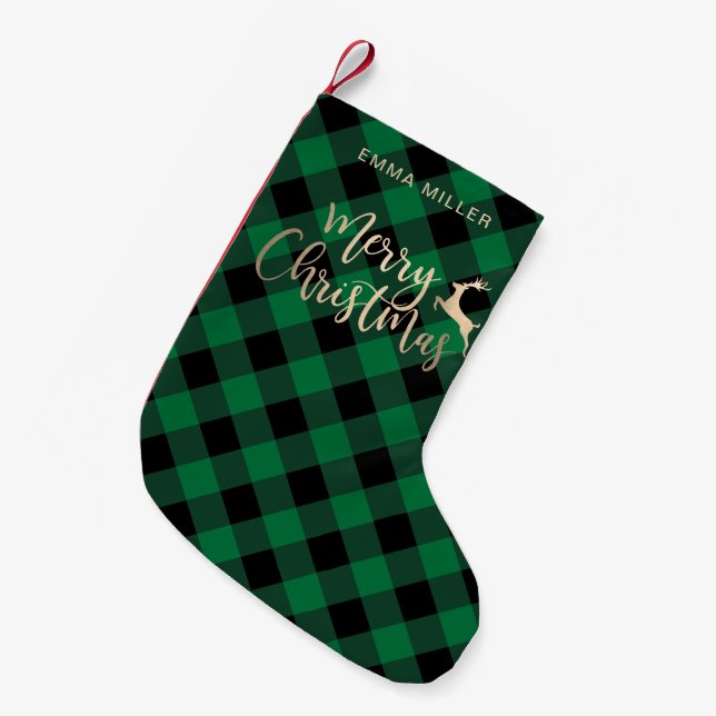Elegant Gold Merry Christmas Black & Green Plaid Small Christmas Stocking (Front (Hanging))