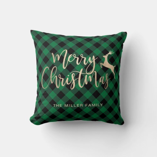 Elegant Gold Merry Christmas Black  Green Plaid Throw Pillow