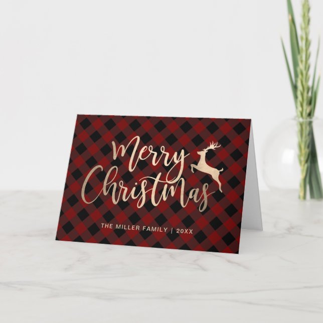 Elegant Gold Merry Christmas Black & Red Plaid Card (Front)