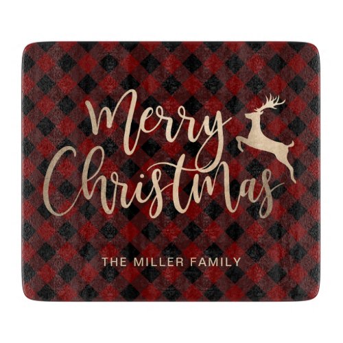 Elegant Gold Merry Christmas Black  Red Plaid Cutting Board